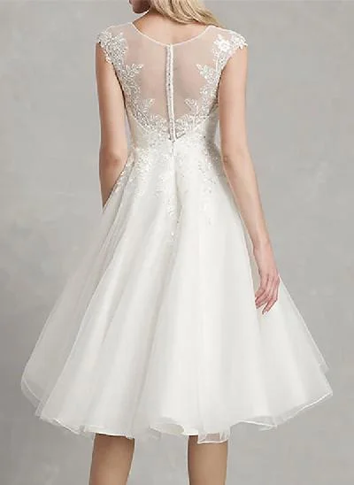 A-Line Illusion Neck Vintage Tulle Wedding Dresses With Appliques Lace