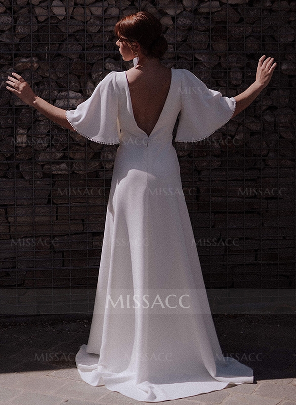 A-Line V-Neck 1/2 Sleeves Elegant Lace/Elastic Satin Wedding Dresses