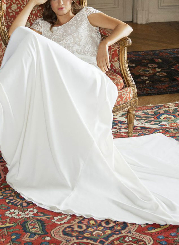 A-Line Scoop Neck Short Sleeves Boho Chiffon/Lace Wedding Dresses