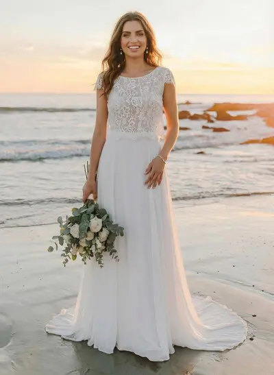 A-Line Scoop Neck Short Sleeves Boho Chiffon/Lace Wedding Dresses