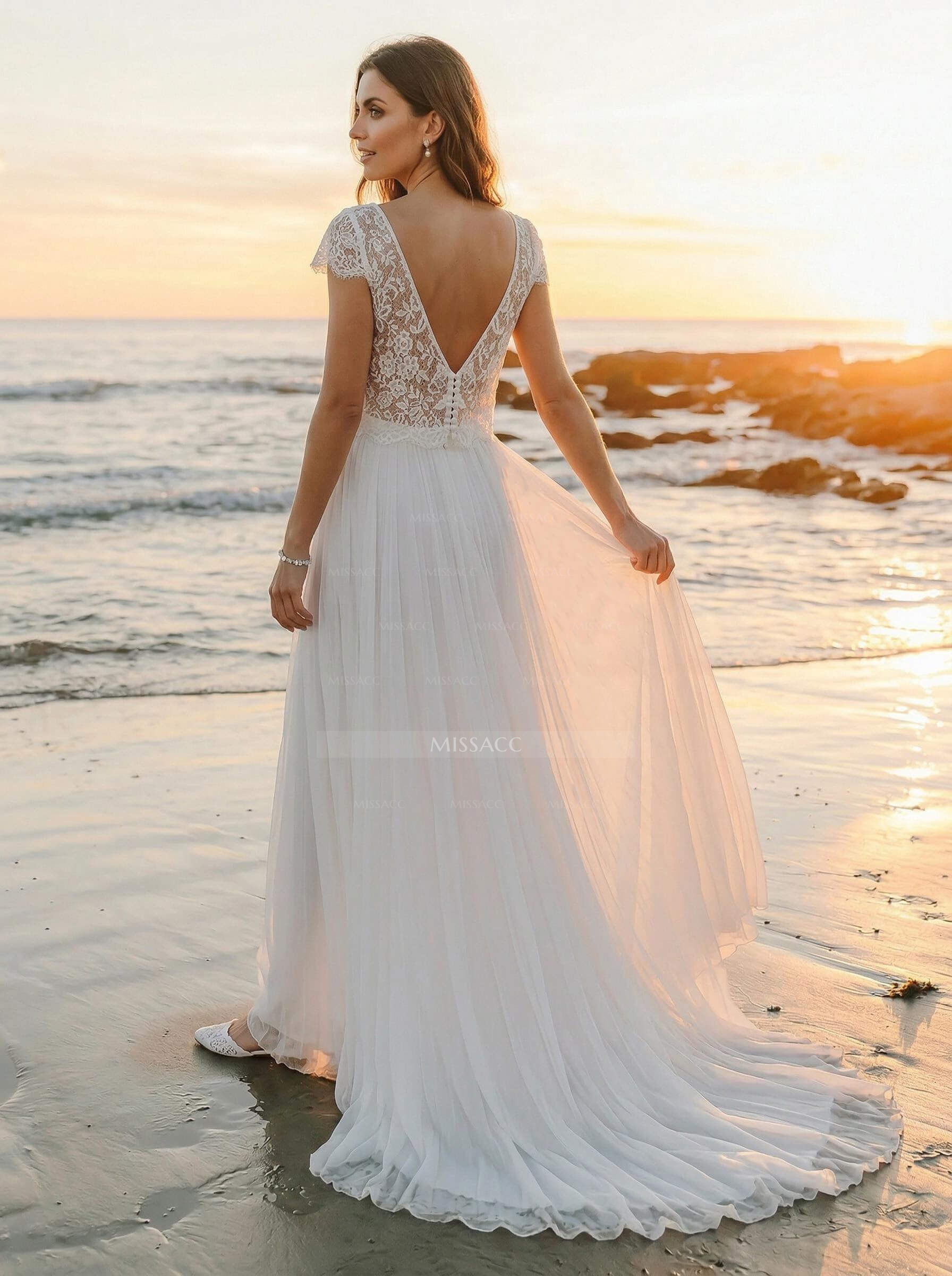 A-Line Scoop Neck Short Sleeves Boho Chiffon/Lace Wedding Dresses