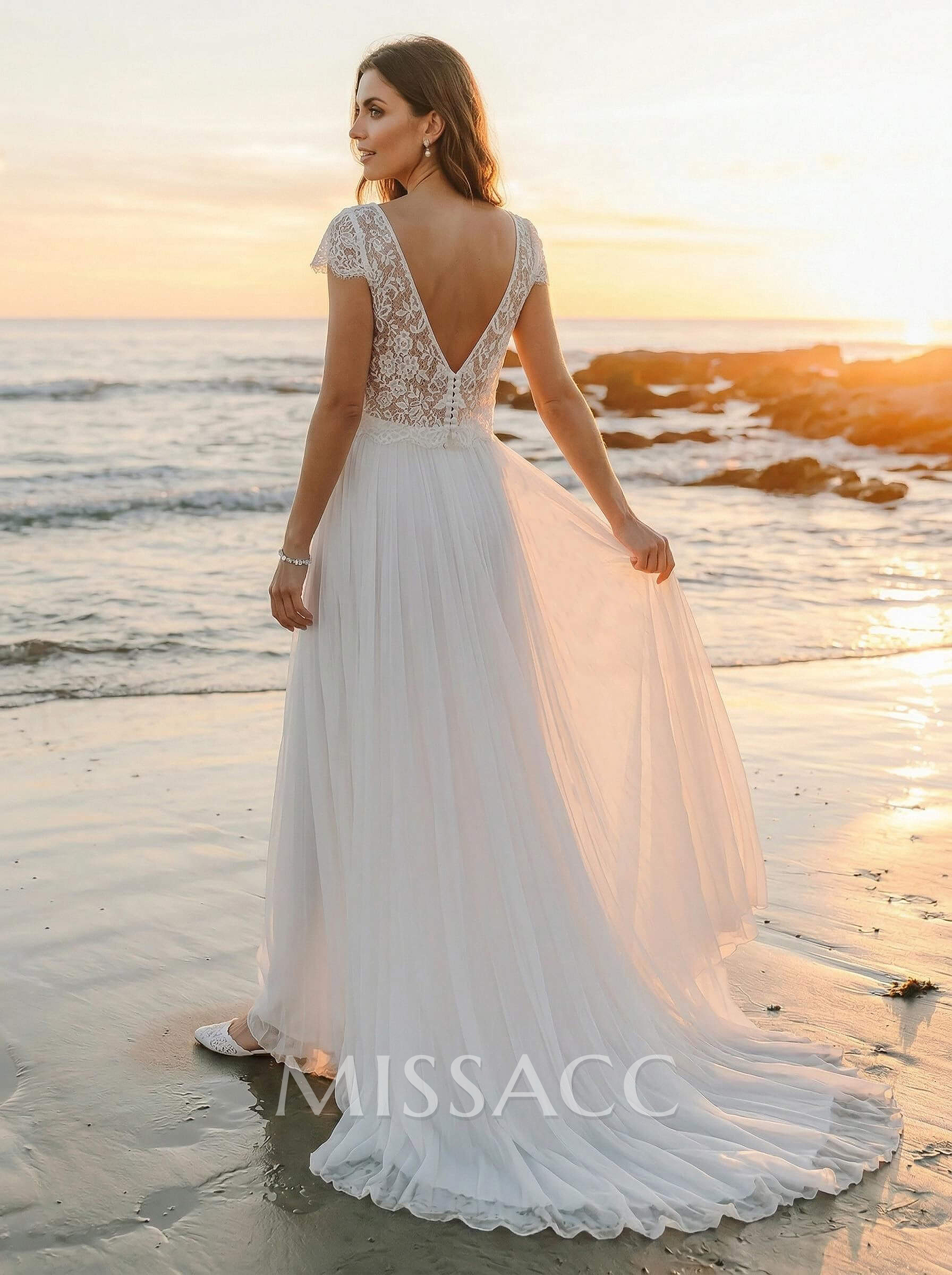 A-Line Scoop Neck Short Sleeves Boho Chiffon/Lace Wedding Dresses