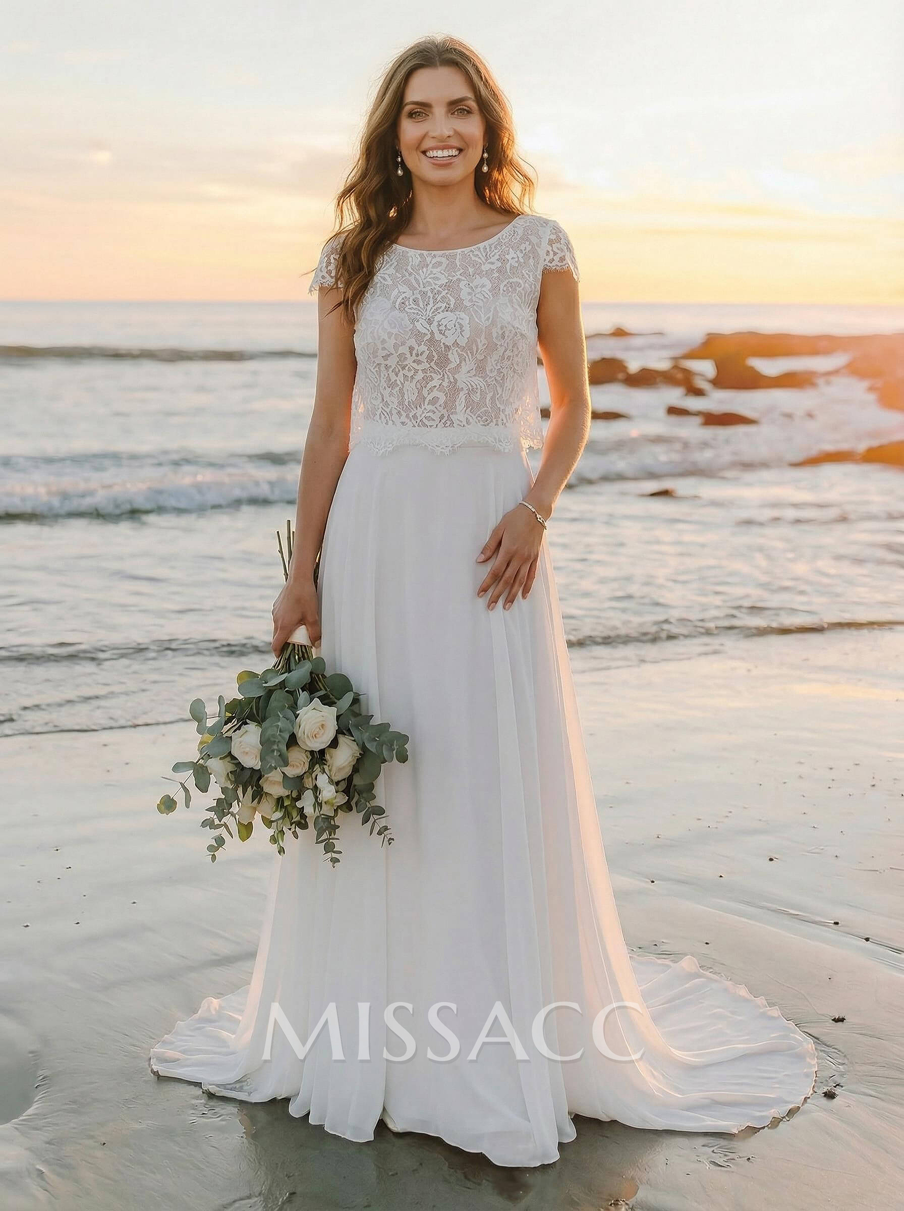 A-Line Scoop Neck Short Sleeves Boho Chiffon/Lace Wedding Dresses
