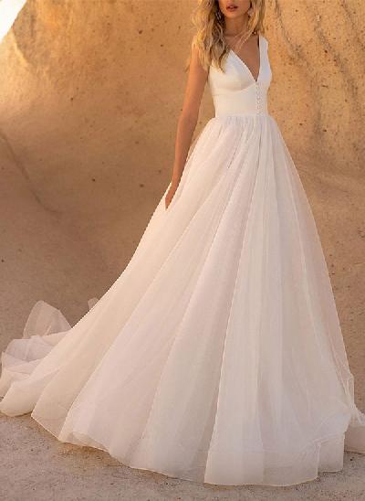 A-Line V-Neck Sleeveless Court Train Elegant Satin/Tulle Wedding Dresses