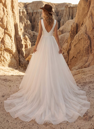A-Line V-Neck Sleeveless Court Train Elegant Satin/Tulle Wedding Dresses