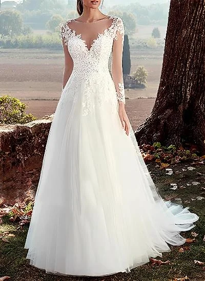 Boho A-Line Illusion Neck Long Sleeves Lace/Tulle Wedding Dresses