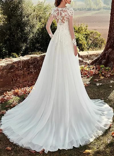 Boho A-Line Illusion Neck Long Sleeves Lace/Tulle Wedding Dresses