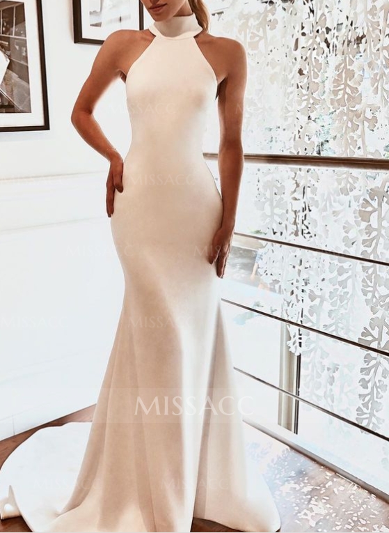 High Neck Simple Elastic Satin Trumpet/Mermaid Wedding Dresses