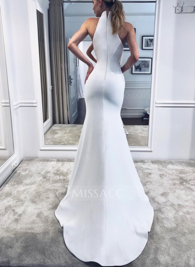 High Neck Simple Elastic Satin Trumpet/Mermaid Wedding Dresses