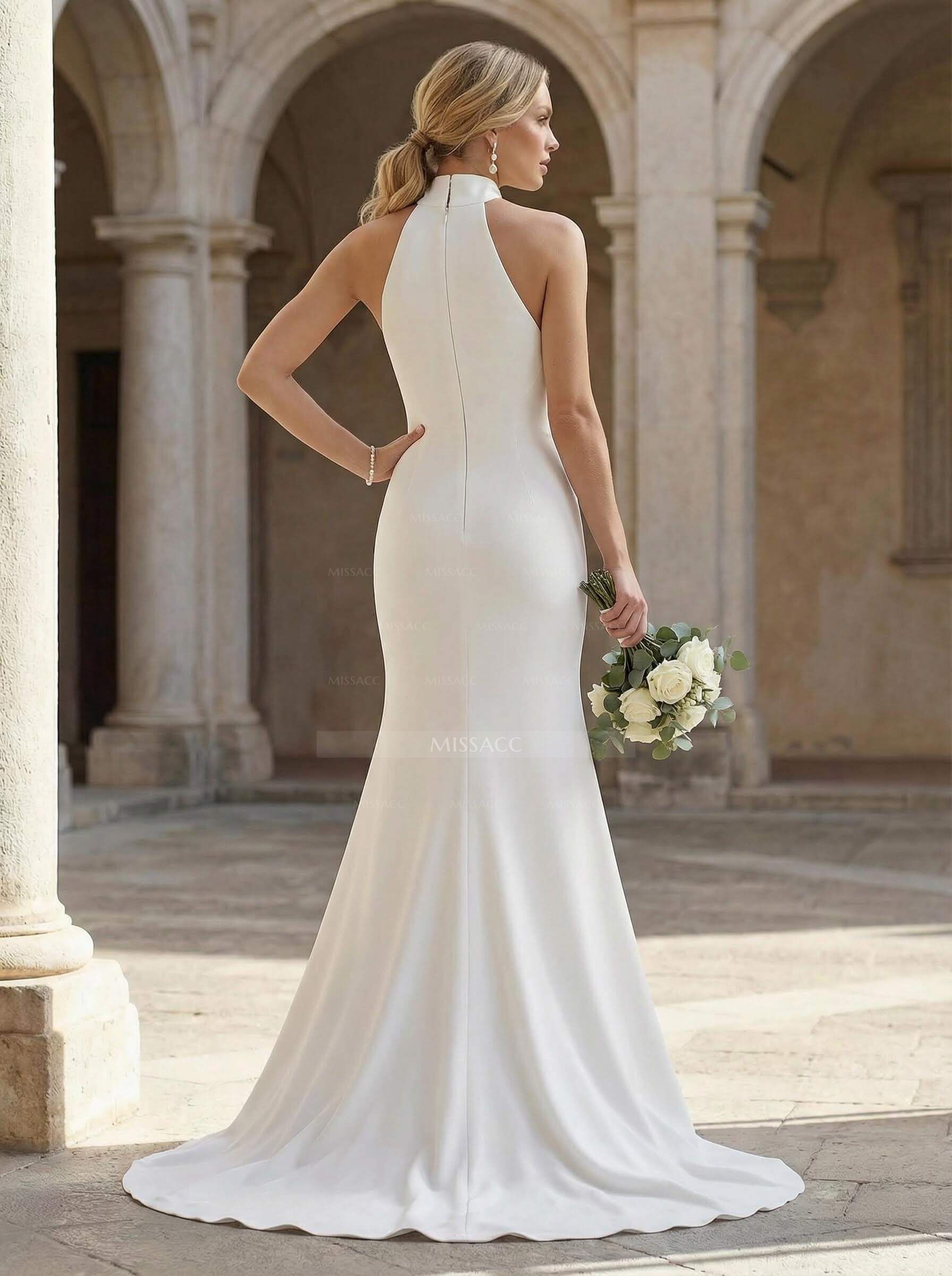 High Neck Simple Elastic Satin Trumpet/Mermaid Wedding Dresses