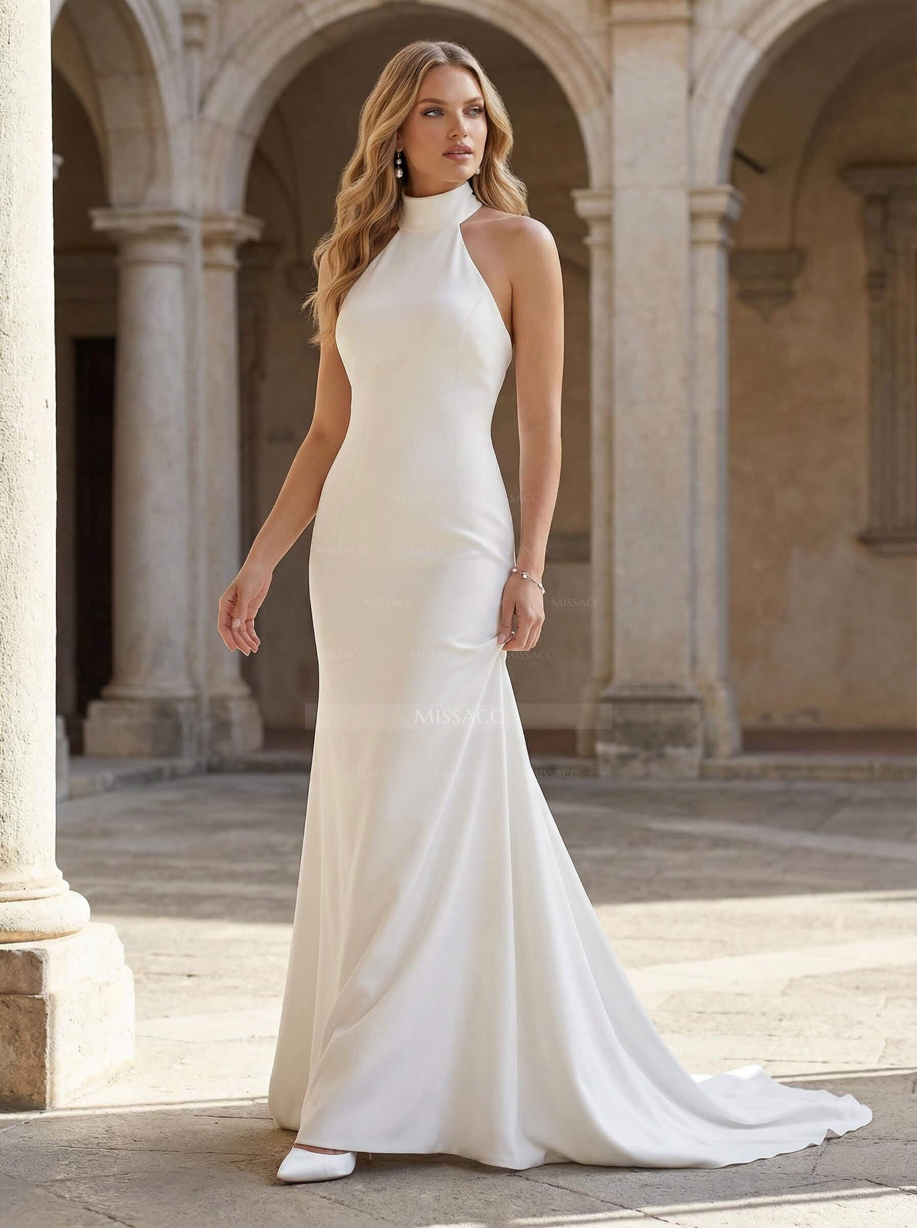 High Neck Simple Elastic Satin Trumpet/Mermaid Wedding Dresses