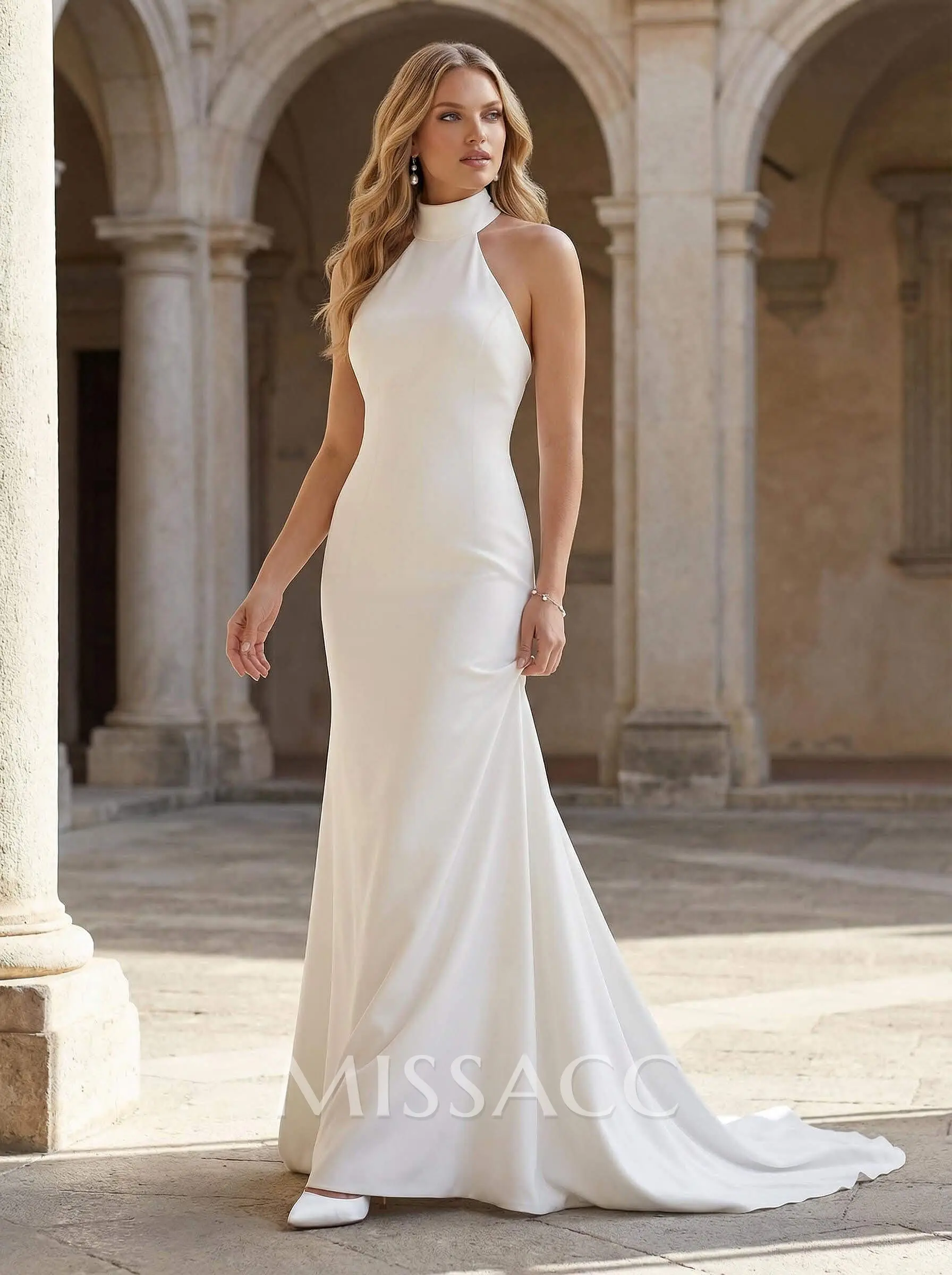 high neck mermaid bridesmaid dress High Neck Simple Elastic Satin Trumpet/Mermaid Wedding Dresses