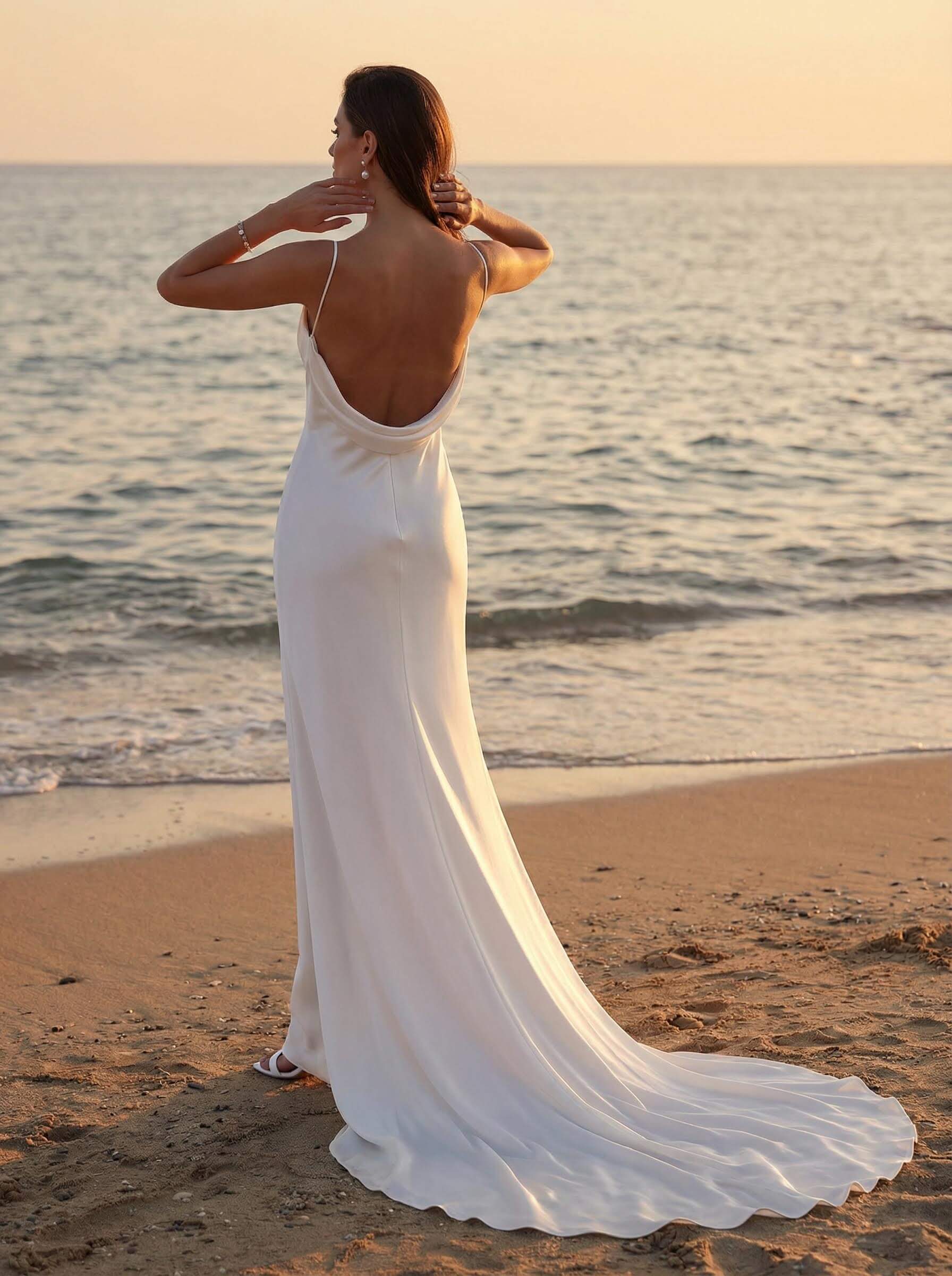 Cowl Neck Backless Sheath/Column Chapel Train Wedding Dresses With Silk Like Satin