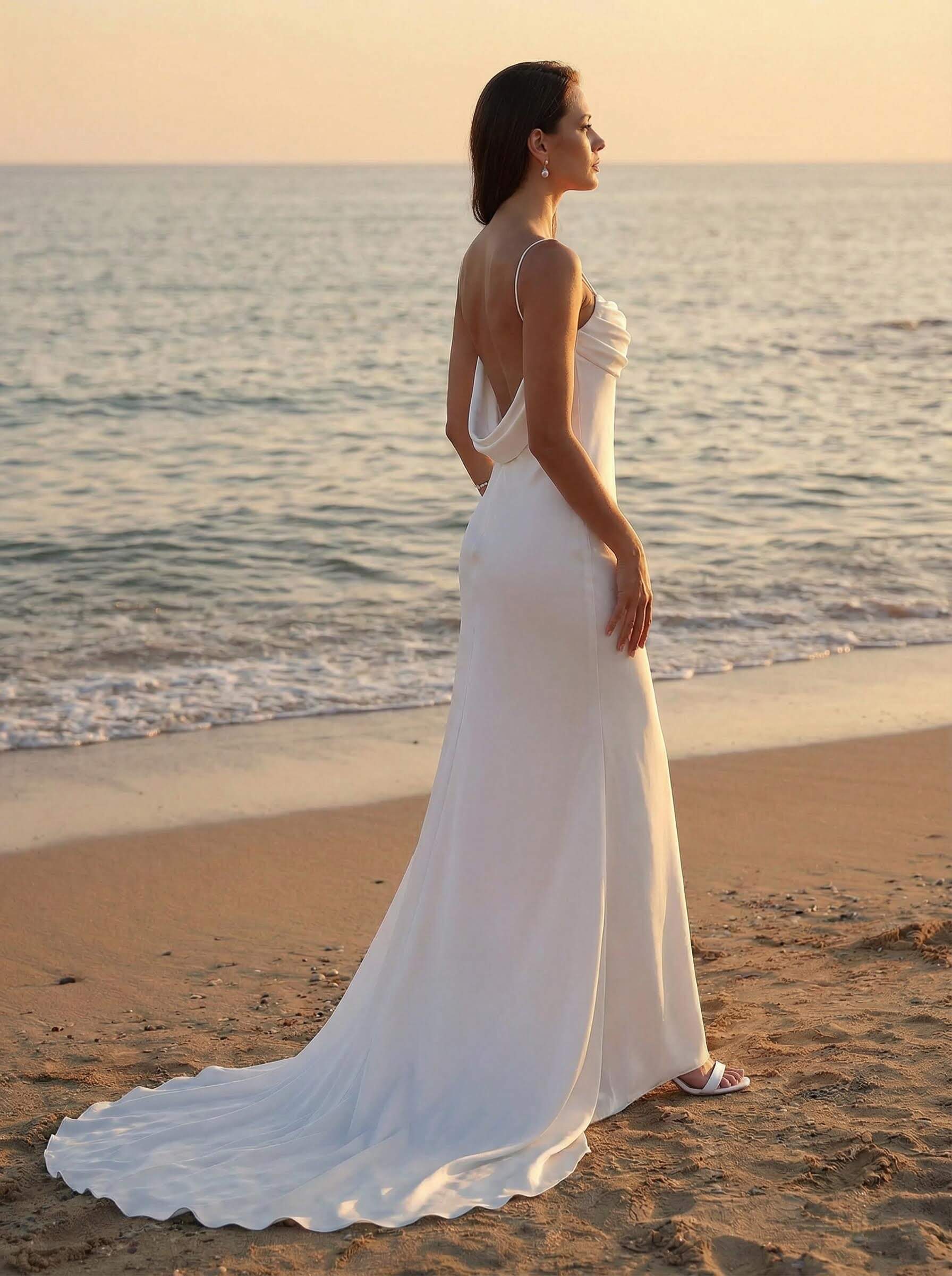 Cowl Neck Backless Sheath/Column Chapel Train Wedding Dresses With Silk Like Satin
