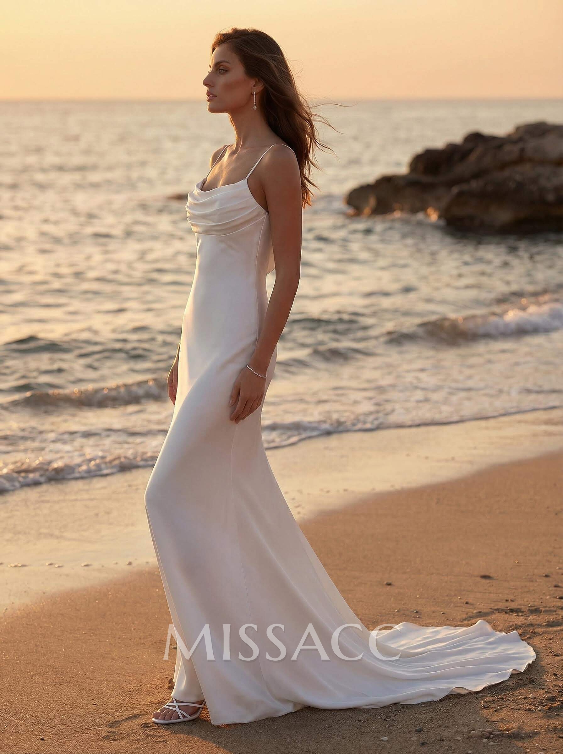 Cowl Neck Backless Sheath/Column Chapel Train Wedding Dresses With Silk Like Satin Cowl Neck Backless Sheath/Column Chapel Train Wedding Dresses With Silk Like Satin