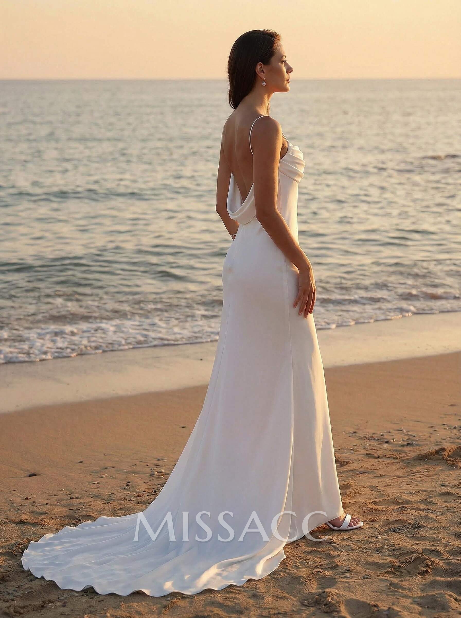 Cowl Neck Backless Sheath/Column Chapel Train Wedding Dresses With Silk Like Satin Cowl Neck Backless Sheath/Column Chapel Train Wedding Dresses With Silk Like Satin