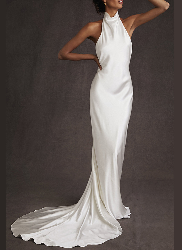 Backless Halter Sheath/Column Wedding Dresses With Silk Like Satin