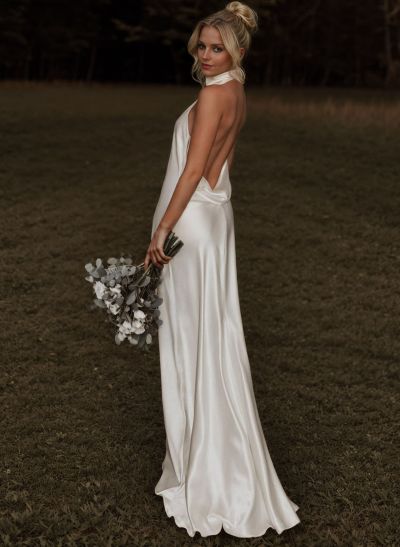 Backless Halter Sheath/Column Wedding Dresses With Silk Like Satin
