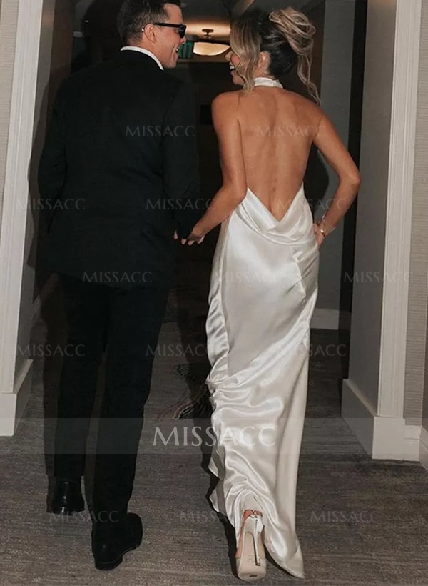 Backless Halter Sheath/Column Wedding Dresses With Silk Like Satin