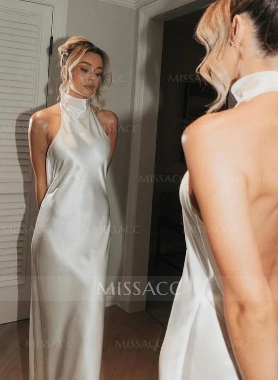 Halter Sheath Satin Long Bridesmaid Dress with Backless main image 1