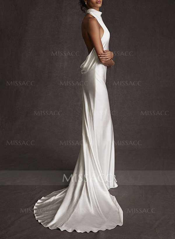 Backless Halter Sheath/Column Wedding Dresses With Silk Like Satin