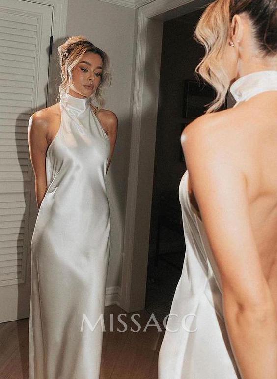 Backless Halter Sheath/Column Wedding Dresses With Silk Like Satin