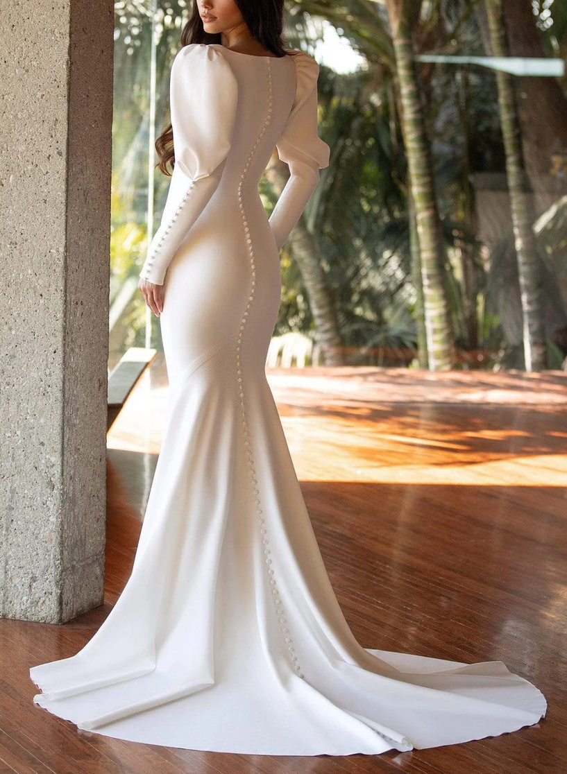 Long Sleeves Trumpet/Mermaid V-Neck Wedding Dresses With Elastic Satin
