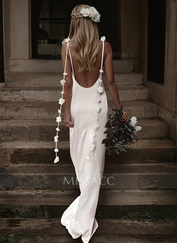 Boho Floral Backless Sheath/Column Wedding Dresses With Satin