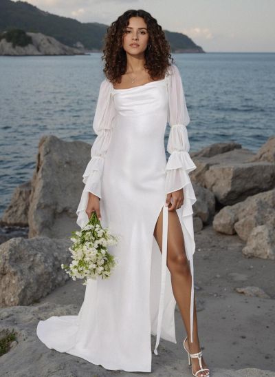 Boho Long Sleeves Sheath/Column Cowl Neck Slit Wedding Dresses