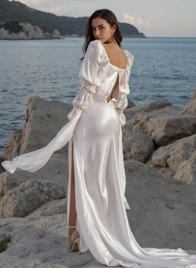 Boho Long Sleeves Sheath/Column Cowl Neck Slit Wedding Dresses