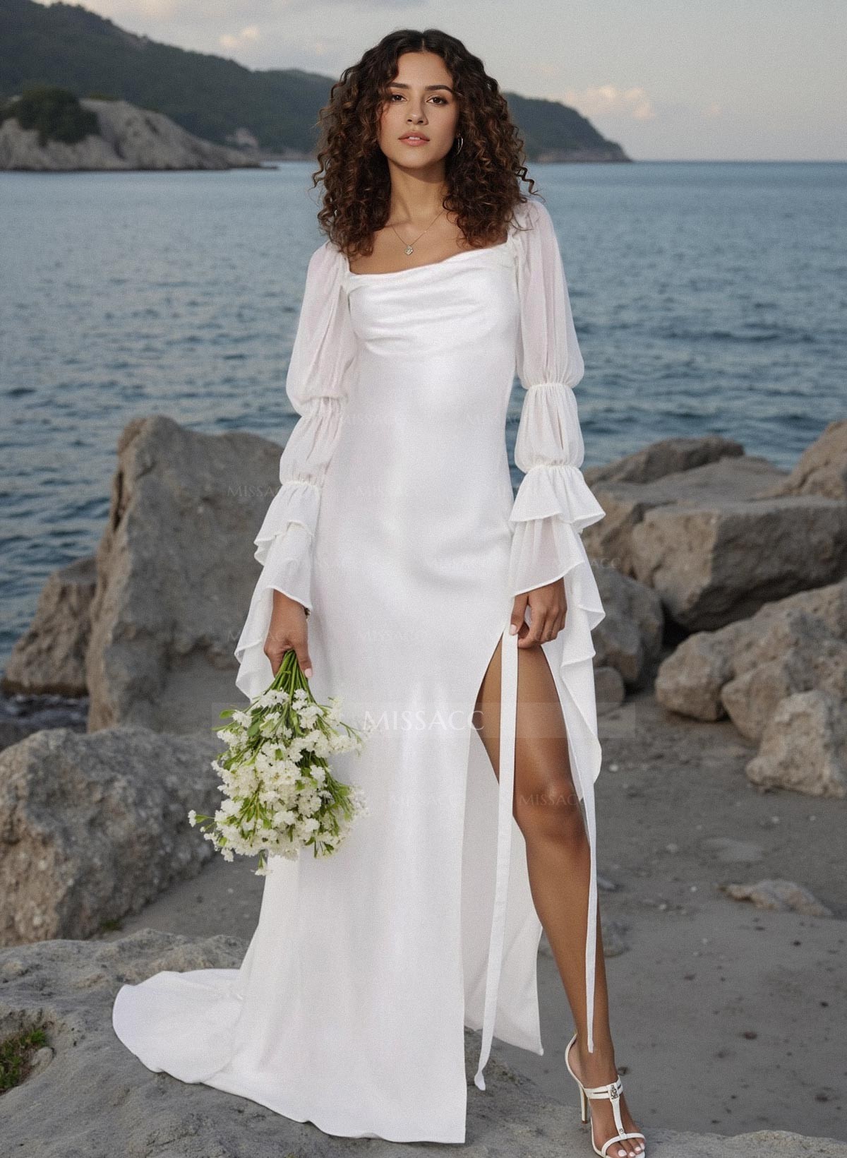 Boho Long Sleeves Sheath/Column Cowl Neck Slit Wedding Dresses