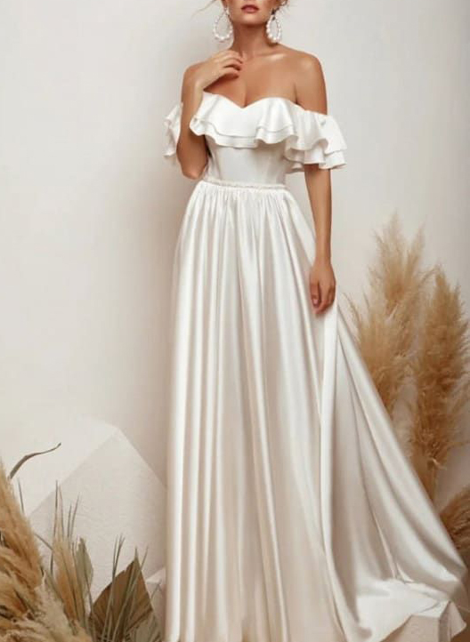 Off-The-Shoulder Satin A-Line Wedding Dresses With Sweep Train