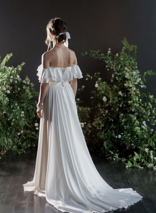 Off-The-Shoulder Satin A-Line Wedding Dresses With Sweep Train