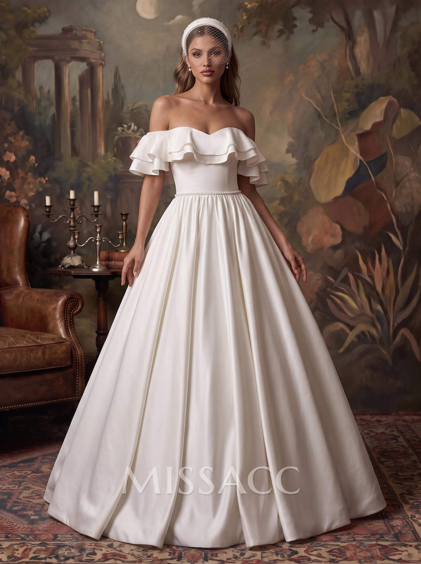 Off-The-Shoulder Satin A-Line Wedding Dresses With Sweep Train