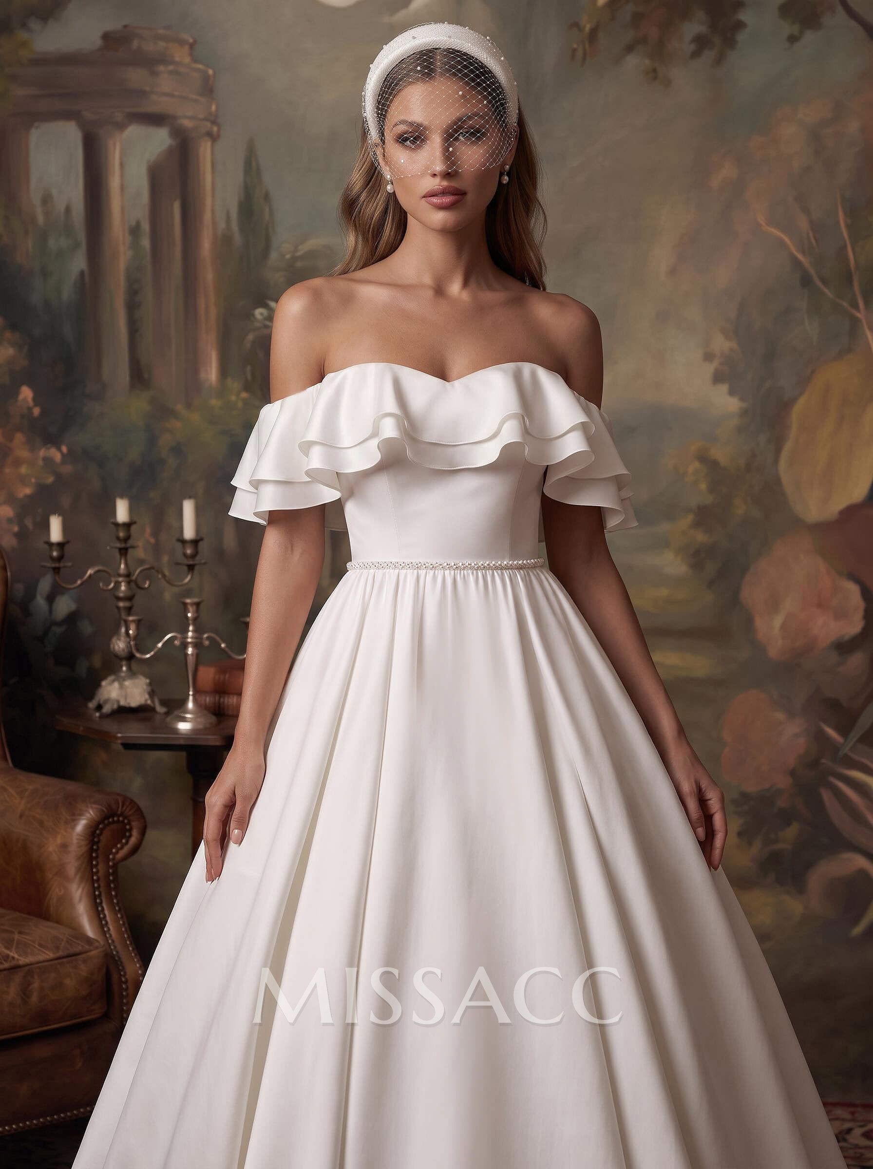 Off-The-Shoulder Satin A-Line Wedding Dresses With Sweep Train