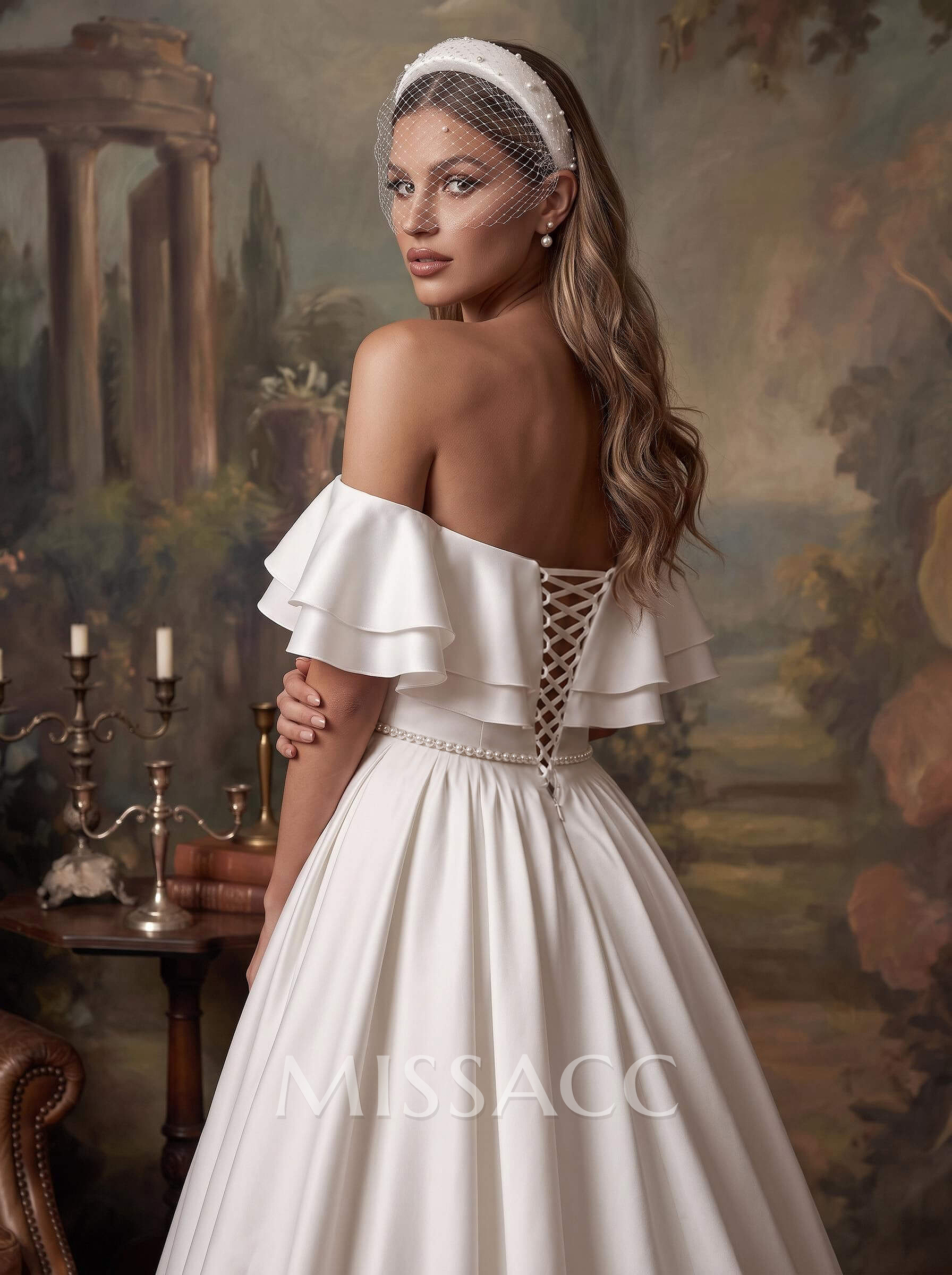 Off-The-Shoulder Satin A-Line Wedding Dresses With Sweep Train