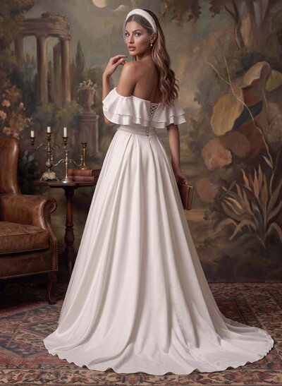 Off-The-Shoulder Satin A-Line Wedding Dresses With Sweep Train