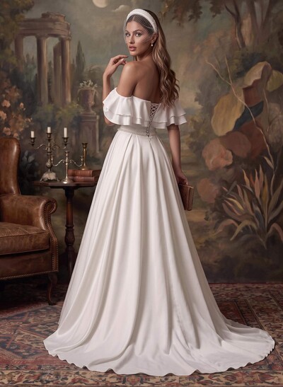 Off-The-Shoulder Satin A-Line Wedding Dresses With Sweep Train
