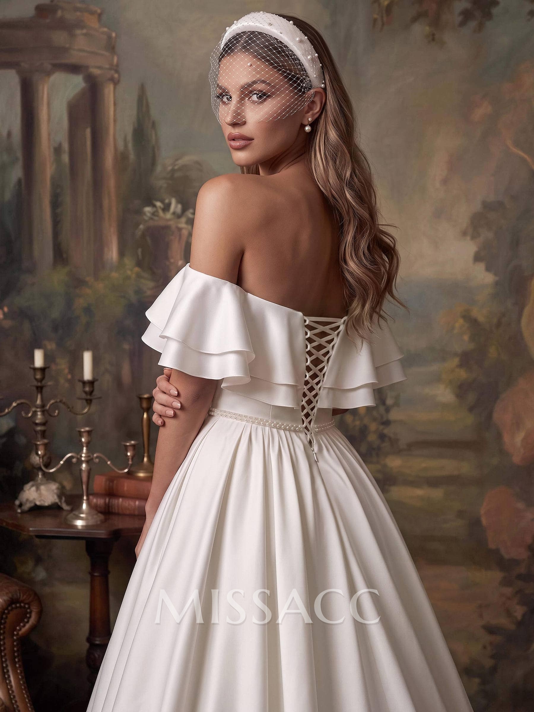 Off-The-Shoulder Satin A-Line Wedding Dresses With Sweep Train Off-The-Shoulder Satin A-Line Wedding Dresses With Sweep Train