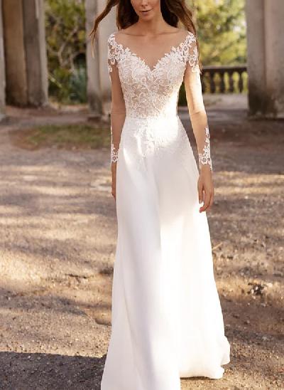 A-Line Illusion Neck Long Sleeves Sweep Train Wedding Dresses With Lace