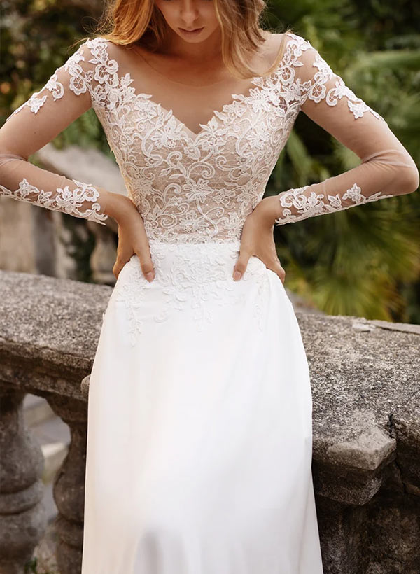 A-Line Illusion Neck Long Sleeves Sweep Train Wedding Dresses With Lace