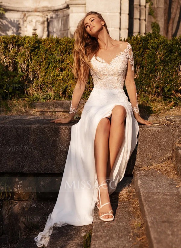 A-Line Illusion Neck Long Sleeves Sweep Train Wedding Dresses With Lace