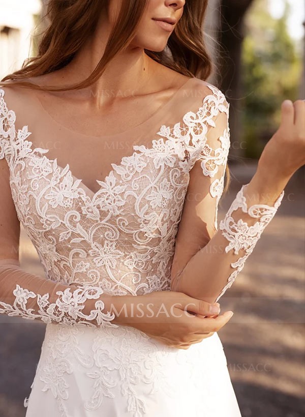 A-Line Illusion Neck Long Sleeves Sweep Train Wedding Dresses With Lace