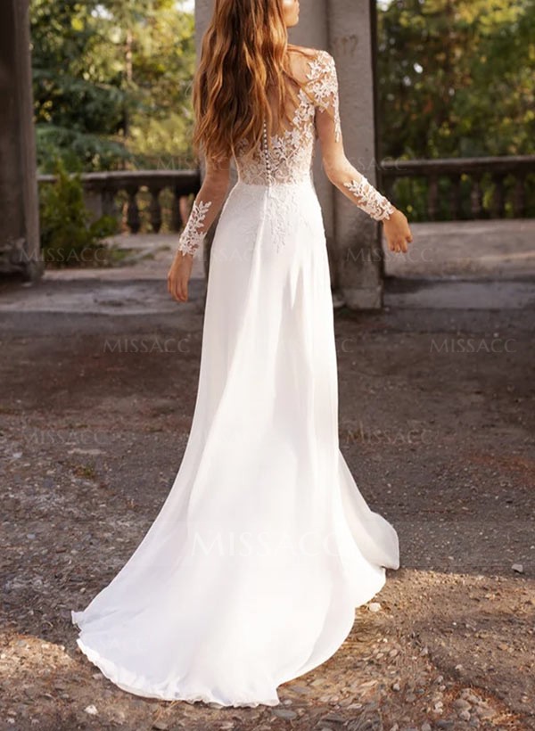 A-Line Illusion Neck Long Sleeves Sweep Train Wedding Dresses With Lace