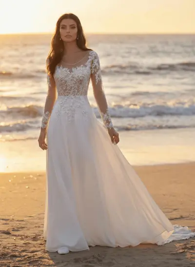 A-Line Illusion Neck Long Sleeves Sweep Train Wedding Dresses With Lace