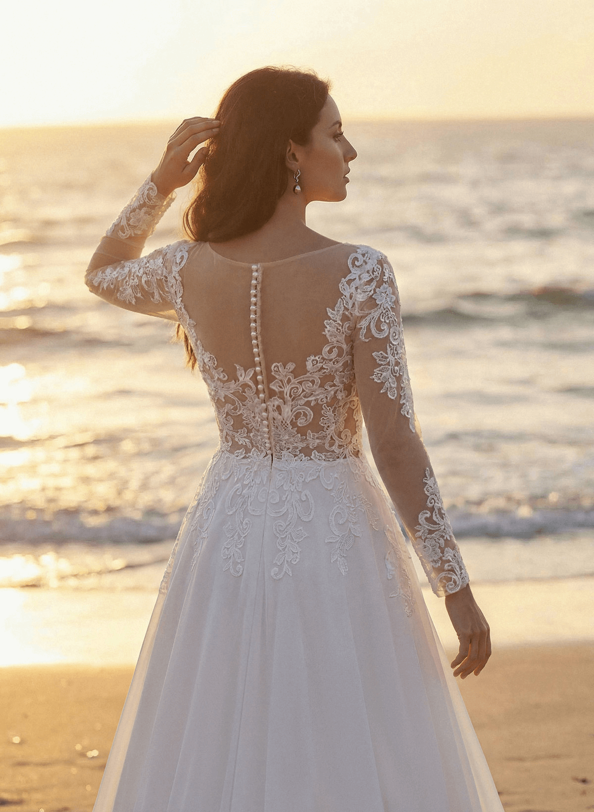 A-Line Illusion Neck Long Sleeves Sweep Train Wedding Dresses With Lace