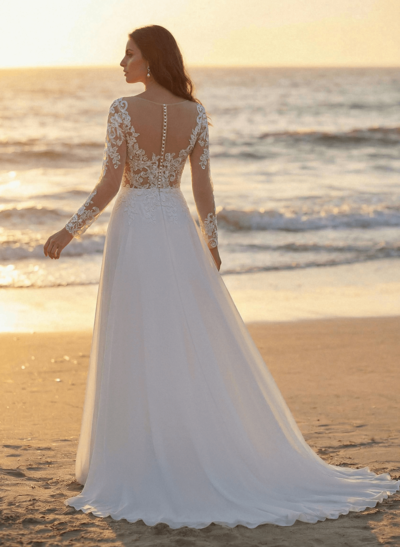 A-Line Illusion Neck Long Sleeves Sweep Train Wedding Dresses With Lace