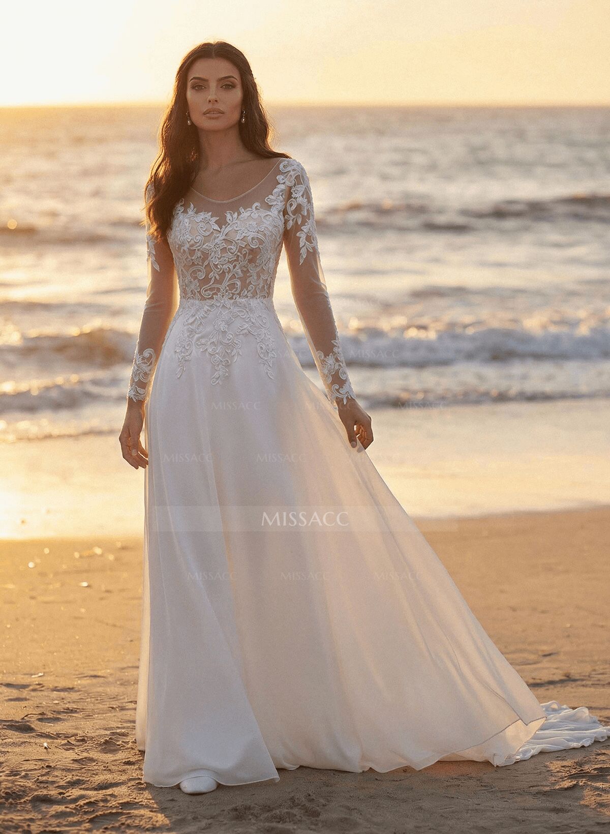 A-Line Illusion Neck Long Sleeves Sweep Train Wedding Dresses With Lace