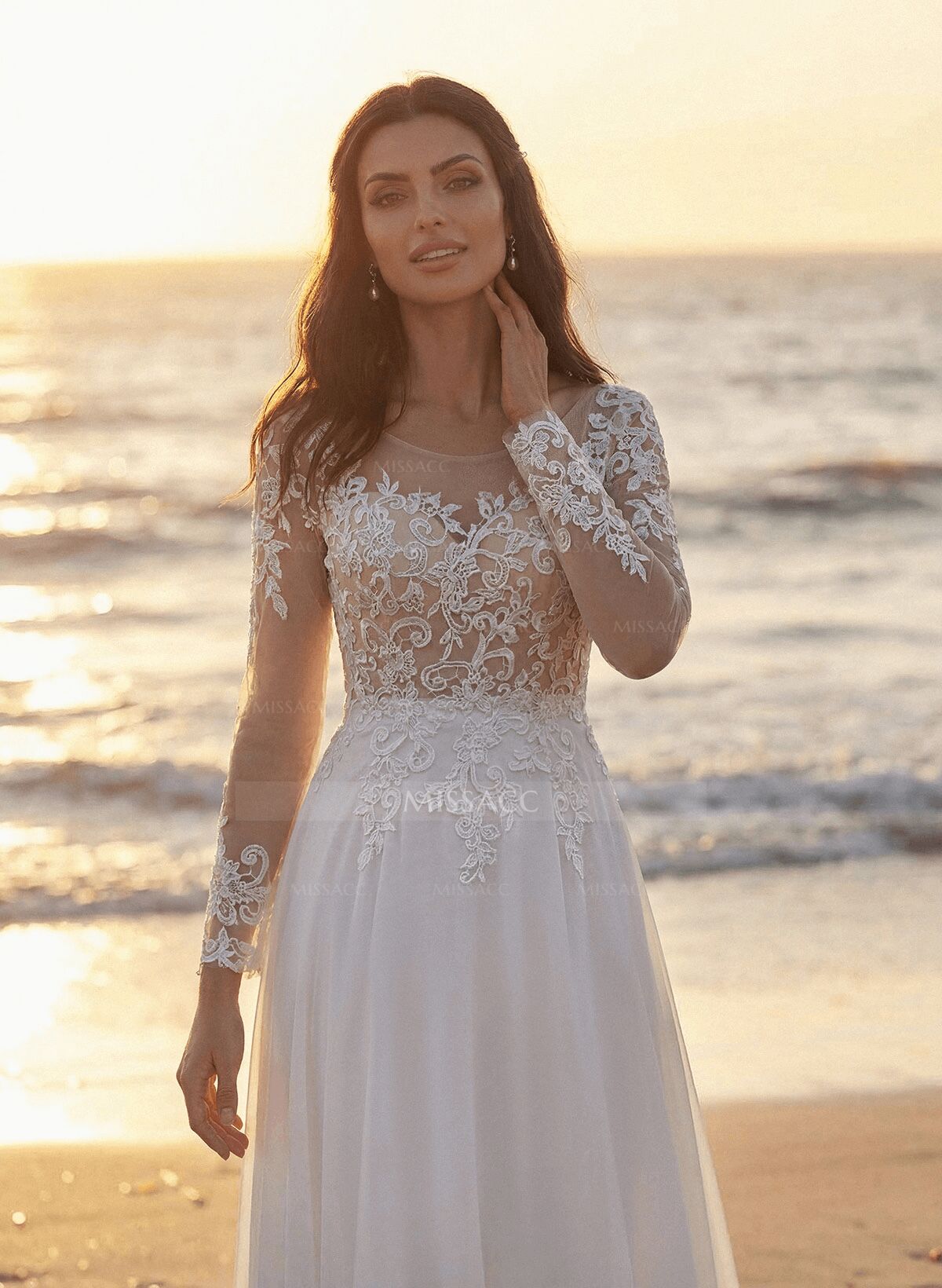 A-Line Illusion Neck Long Sleeves Sweep Train Wedding Dresses With Lace