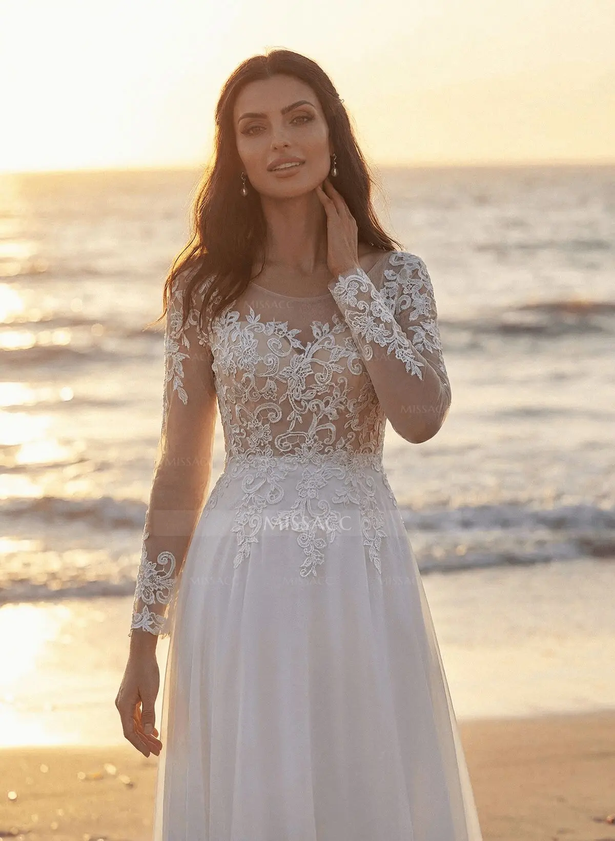 navy blue dress for baby girl A Line Illusion Neckline Lace Long Sleeves Boho Beach Wedding Dress QW2122 US6 / Custom Color